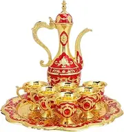 Vintage Metal Turkish Coffee Pot Set Turkish Tea Set with 6 Luxury Coffee Cups and Craft Tea Tray Teapot for Serving Tea Zamzam Coffee Cappuccino, Turkish Teapot for Wedding Gift(Red)