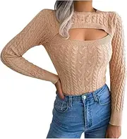 [ZPLxi] Womens Cable Sweater Cutout Knitted Tops Long Sleeve Crewneck Winter Slim Fit Pullover Sweater