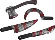 Ysyaxsyt 4Pc Halloween Plastic Fake Bloody Props Weapon Knife Ax Cleaver Sickle Role-Playing Horror Toy Halloween DIY