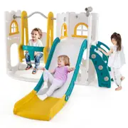 Babyjoy L-shaped Kids Swing & Slide Set w/Basketball Hoop Freestanding Toddler Slide Playground Yellow