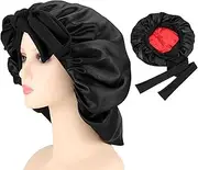 Hcskoss Large Satin Bonnet Silk Bonnet for Sleeping with Tie Band, Double Layer Satin Lined Hair Bonnets for Women Natural Curly Hair Shower cap
