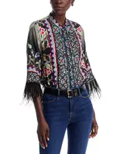 Johnny Was Lewella Silk Feather Trim Blouse