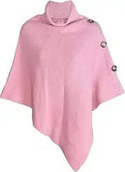 Woke Creations Solid Turtleneck Cape Sleeve Knit Pullover Poncho for Women with Accent Buttons One Size