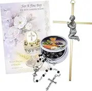 First Communion Gift Set for Boys, Brass Wall Cross, Black Beaded Rosary, and Inspirational Greeting Card, 3 Items