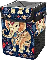 Car Trash Can with Lid and Storage Pockets Leak-Proof Organizer,Multipurpose Trash Bin for Car,Cute Cartoon Floral Elephant