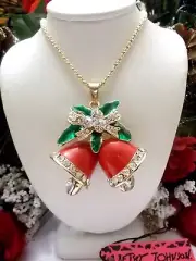 BETSEY JOHNSON LOVELY RED CRYSTAL FLORAL TOP DOUBLE BELLS PENDANT CHAIN NECKLACE