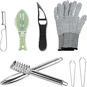 8 Pcs Fish Scale Remover with Gloves Stainless Steel Fish Scaler Multifunctional Fish Scale Brush Manual Fish Scale Cleaner for Fish Scales Removing Peeling 7(8)