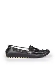 Black Leather Laser Cut Flower Loafers