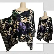 Chicos Poncho Sweater Whimsical Scroll Plaid Mixed Print Women L XL Black Multi