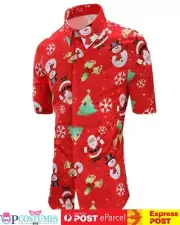 Red Mens Christmas Print Shirt Short Sleeve Xmas Party Costume Blouse