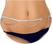 [HZMAN] Silver Crystal Body Chains Dainty Layered Beach Waist Chain Adjustable Bikini Belly Chain for Women Sexy