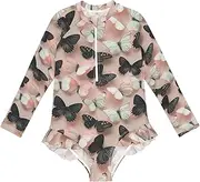 [miaozhen] Swim Suit Long Sleeves 1 Piecing Cartoon Floral Daffodil Petal Peach White Rash Guard Swimsuits Bathing Suit Toddler, Black and White Butterfly Blush Peach, 11-12 Years