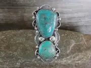 Large Navajo Sterling Silver Turquoise Adjustable Ring Size 10 to 12 - Cleveland