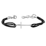 Stainless Steel Silver-Tone Black Cord Religious Cross Bracelet