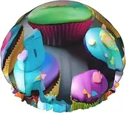 Colorful Happy Birthday Cupcakes Print Shower Cap For Women Men Reusable Lightweight Soft Bath Hair Cap With Elastic Band