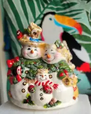 New Home Interior Snowman Family Candle Capper Christmas Jar Shade Ceramic