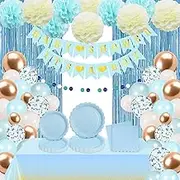 Baby Shower Decorations for Boy,Blue Baby Party Decor Kit with It’s A Boy Banner Tablecloth Paper Pom Poms Foil Fringe Curtain Blue Balloon Arch Kit Paper Plates Napkins Tableware Set