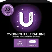 Ultrathins Overnight Pads Long with Wings 32 Count (4 X 8 Pack) - Packaging May