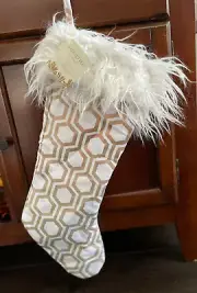 White and Gold Christmas Stocking Dillards Furry Fluffy Shag Trim NEW 22"