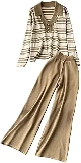 [Generic] Women's 2PC Suits Notched Striped Blockcolor Knitting Tops Elastic Waist Wide Legs Pants Tracksuits Dressy Lounge Sets