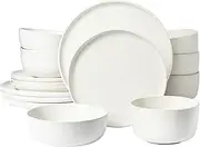 [Gibson Elite] James Street Stoneware Matte Reactive Double Bowl Dinnerware Set - Sea Salt White, Service for 4 (16pcs)