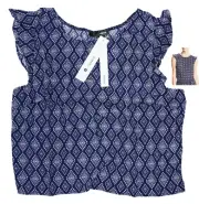 Aqua Flutter Sleeve Diamond Print 100% Rayon Lightweight Women's Top NWT Navy