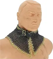 Armory Replicas™ Riveted Chainmail Collar Black/Gold with Leather Inliner - 9/18 Double Ring Size, Gold-Colored Double Line, Adjustable Brass Buckle, 800g Medieval Armor