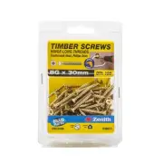 Zenith 8G x 30mm Brass Plated Hinge-Long Thread Head Timber Screws - 100 Pack