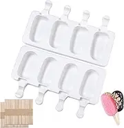 Popsicle Molds Set of 2,Silicone Ice Pop Molds 4 Cavities Homemade Popsicle Maker,Ice Cream Mold,Ice Pop Maker,Cake Pop Mold Oval with 100 Wooden Sticks for DIY Ice Cream (White)