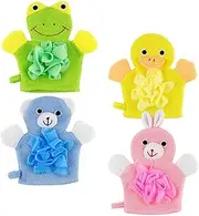 WEKADRIN 4Pcs Bath Scrubbing Gloves Cartoon Style Exfoliating Body Scrubber Lightweight Durable for Arms Legs Chest and Back Cleaning Convenient Storage with Hanging Hoop