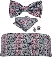[YANYUESHOP] Silk Men Cummerbund Floral Bow Tie Pocket Square Cufflink Set Tuxedo Suit Accessories Elastic Belts Wedding (Color : A, Size : One Size)