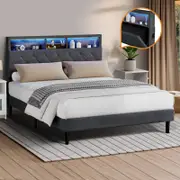 Oikiture Bed Frame Double Size With LED Storage Headboard