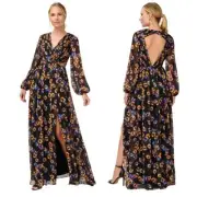 Aidan Mattox Dress Womens Size 4 Black Floral Pleated Cut Out Chiffon Boho Party
