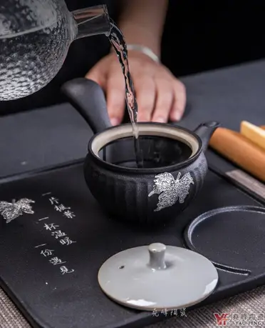 ☆堯峰陶瓷☆中式旅行茶具組漢方炫彩側把壺+四杯+茶盤(水立方)單入組 