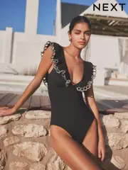 Black Broderie Plunge Broderie Frill Tummy Control Swimsuit (970135) | $111