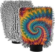 XYMZR Colorful Tie Dye Green Absorbent Microfiber Car Wash Mitt, Funny Cute Anime Scratch Free for Cars Cleaning, Home Cleaning Mitts, 2 Pack, 10.24” L x 7.09” W
