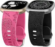 [Minyee] 2 Packs Floral Engraved Band Compatible with Fitbit Versa 4/Versa 3/Sense 2/Sense Band Women, Cute Silicone Dandelion Sunflower Design Soft Sport Fancy Summer Strap for Versa 4