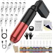 Wireless Rotary Pen Tattoo Machine Pen Starter Kit Bundle PMU (Black/Red)