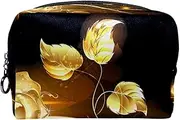 Large Makeup Bag, Cosmetic Bag, Travel Makeup Bag, Cosmetic Travel Bags, Portable Toiletry Bag, Roomy Cosmetic Bag for Women and Girls, Golden Rose Flower Pattern Modern