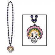 Beads w/Day Of The Dead Medallion Necklace #2 Plastic 36" Mardi Gras Halloween