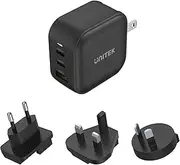 Unitek 3-in-1 65W GaN Travel Charger (PD*2 + QC3.0), with US/EU/UK/AU Plugs, Compact & Lightweight, Support Smartphones, Tablets, Laptops for Home Office and More, Black