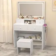 Vanity Table with Multi-Color Mirror Lighting Vanity Table And Chair Set Desk Vanity Combo Makeup Vanity With Lights Girls Vanity Set Makeup Desk With Drawers, Built-in Power Outlets, 4-Drawer Storage