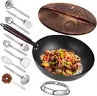 12.8" Carbon Steel Wok-11Pcs Woks & Stir Fry Pans Wok Pan with Lid, No Chemical