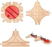 RoundFunny 3 Pcs Wooden Train Track Expansion Set 8 Way Turntable, Forked Rails and Wood T Train Track Compatible with Most Railroad for Table Tabletop Activities