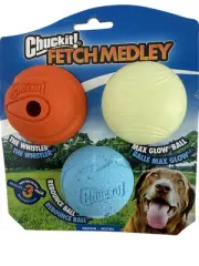 3 Pack Chuckit NEW Dog Rubber Toy Balls Fetch Medley Set Whistler Glow & Bounce