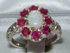 Solid 9k White Gold Natural Opal & Ruby Womens Cluster Ring - Sizes 4 to 12
