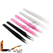 6 Pcs (Silver, Black, Pink) Needle Nose Tip Eyelash Extension Tweezers STR + CVD
