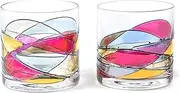 ANTONI BARCELONA Whiskey Bourbon Glass 12Oz SET 2 Sagrada Red Line Hand Painted Mouth Blown Unique gifts & presents dad birthday spiritual moments stunning and gorgeous colorful old fashioned on Rocks