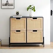 Amyove Natural Rattan 4 Flip Door Shoe Cabinet Organizer Freestanding Wooden Shoe Rack Storage Cabinet with 3-Tier Adjustable Shelves for Heels, Boots, Slippers, Free Standing Shoe Rack