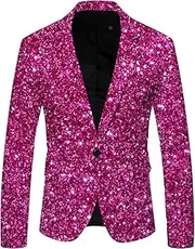 Mens Shiny Blazer Slim Fit Notched Lapel Button Up Suit Jacket Dinner Party Wedding Sequin Dress Coat with Pockets